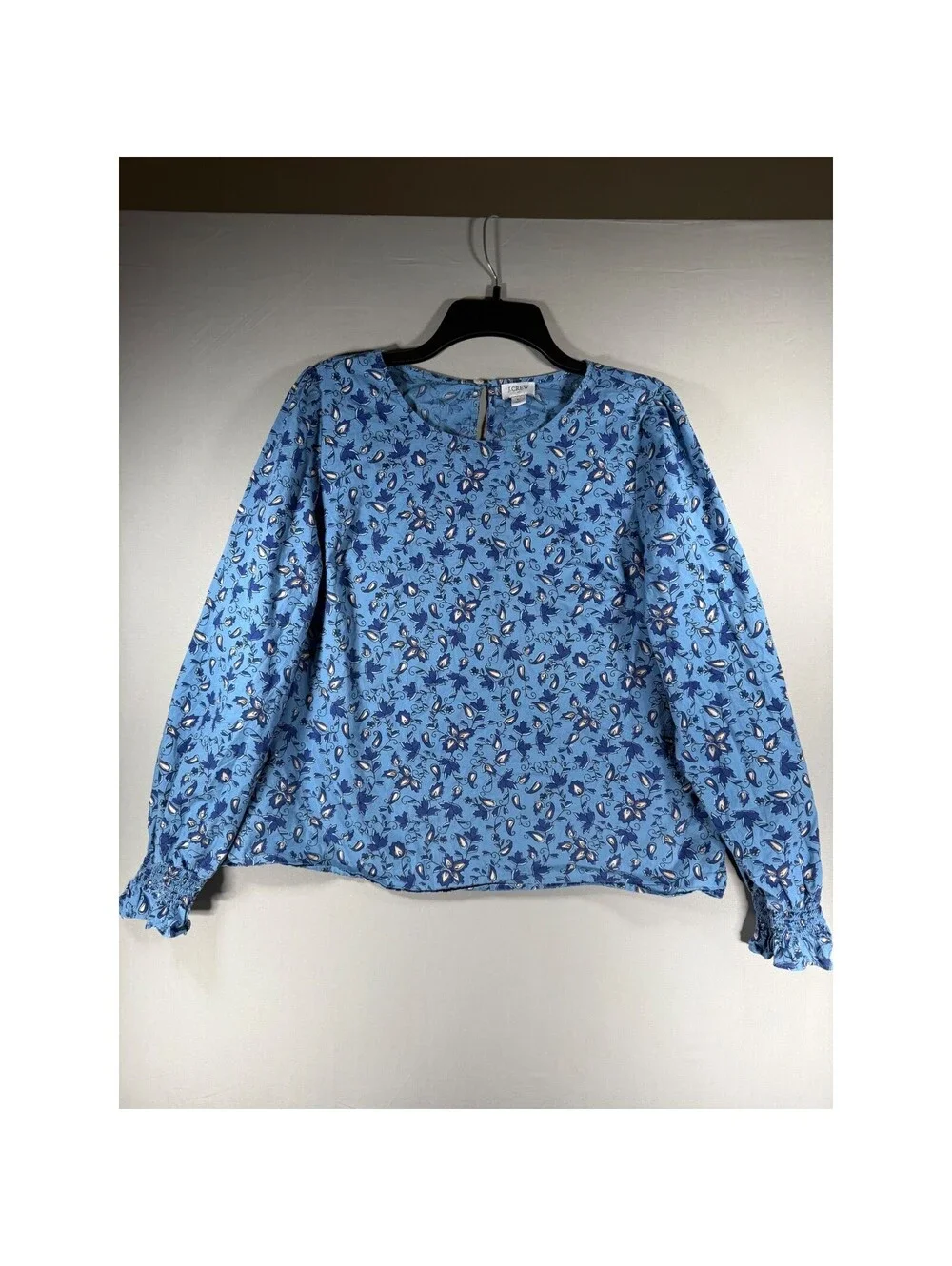 J.Crew Blue Floral Paisley Smocked Cuff Blouse Top Womens Large Cotton Blend